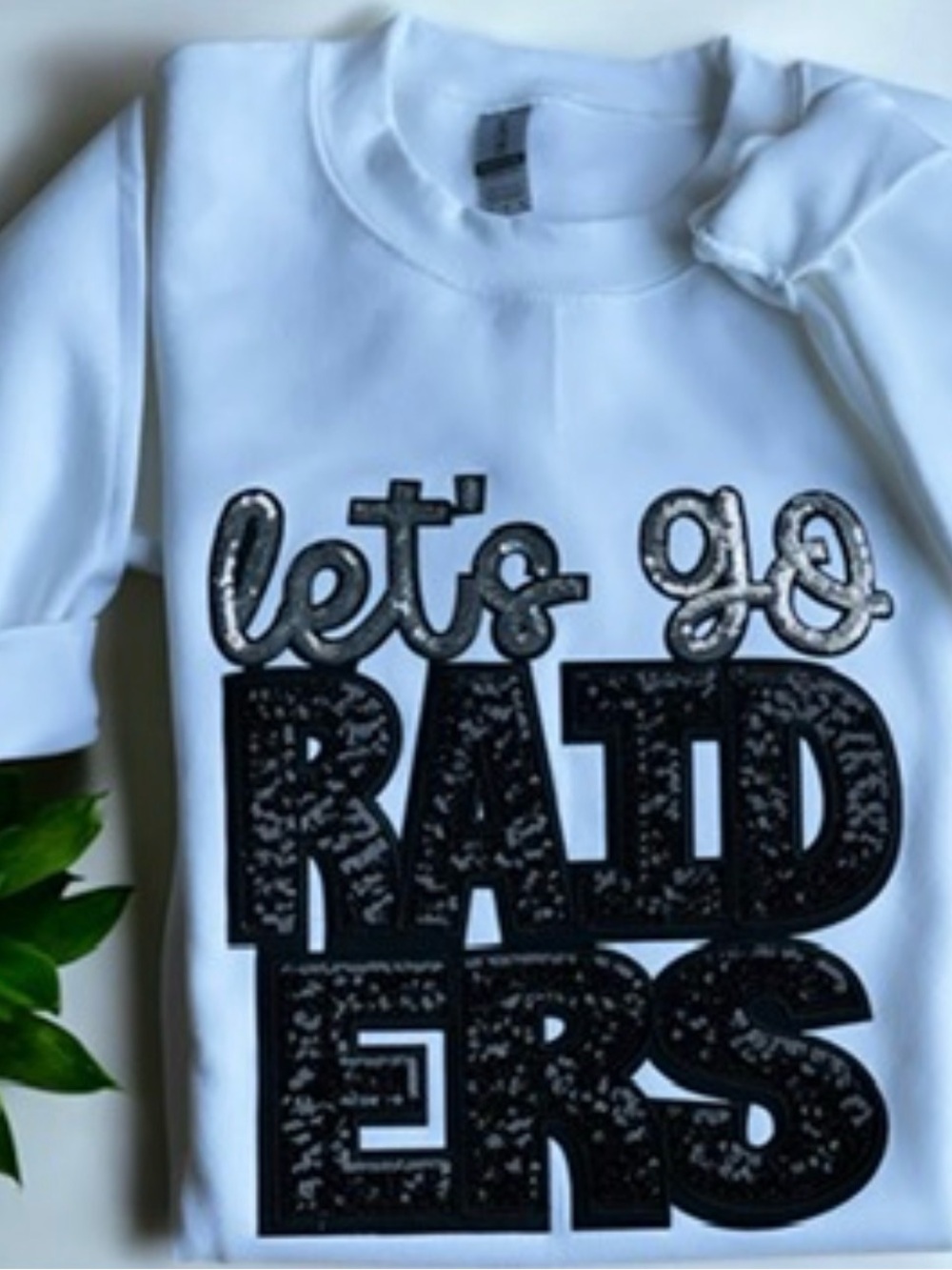 New Gildan White Sweatshirt with Black and Silver "let's go RAIDERS" Graphic